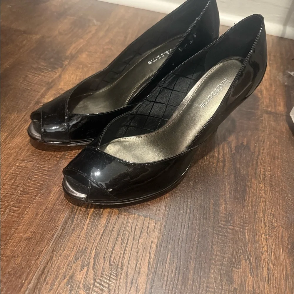 Liz Claiborne Glossy Black Peep-Toe Heels